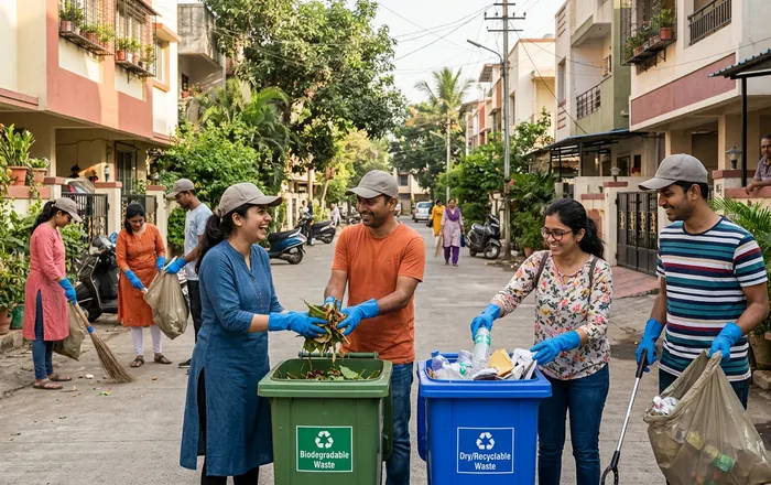 Volunteers segregating waste during a cleanliness drive