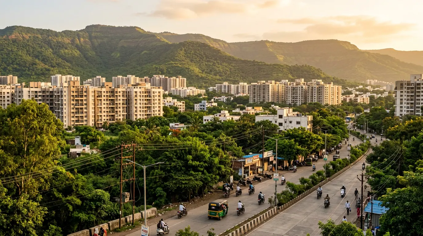 Apartment societies and tree-lined roads of Mohammadwadi and Undri with the hills of south Pune behind