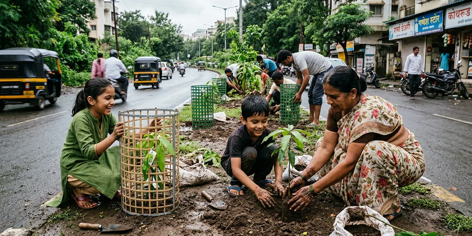 Residents planting saplings along a roadside